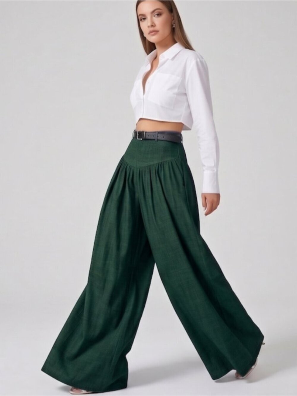 High Waisted Yoke Pleated Wide Leg Palazzo Pants Green
